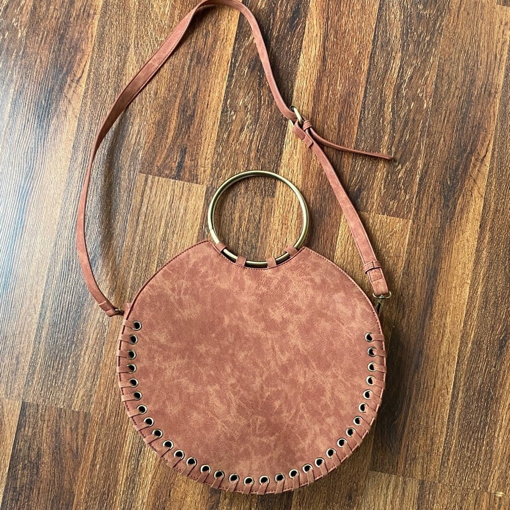 Anthropologie Maria Stitched Circle Bag Clay distressed gold hardware